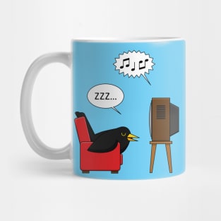 Blackbird Sleeping in Front of the TV Comic Mug